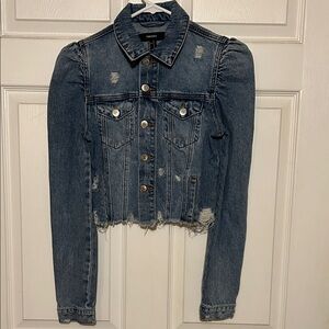 Forever 21 Women's Dark Blue Distressed Cropped Denim Jacket